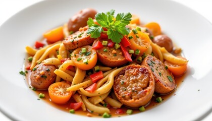 Delicious Pasta Dish with Sausage and Colorful Vegetables Garnished with Fresh Herbs