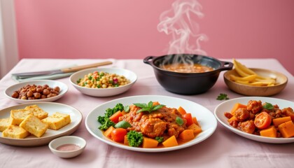 Delicious Homecooked Meal Featuring Steaming Chicken Soup and Colorful Vegetable Dishes on Table