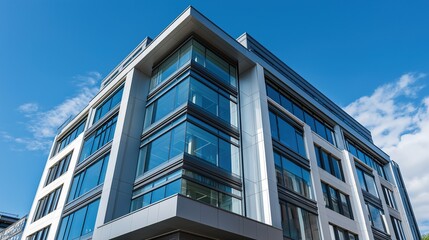 Obraz premium Modern glass office tower with clean lines in a business district, symbolizing professionalism and urban sophistication
