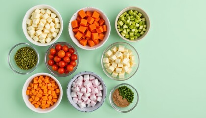 Colorful Assortment of Fresh Chopped Vegetables in Bowls on a Mint Green Background