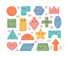 Colorful Cute Geometric Shapes Vector Set, Variety of Happy Kawaii Faces, Fun Educational Design for Preschool, Back to School, Kids Learning