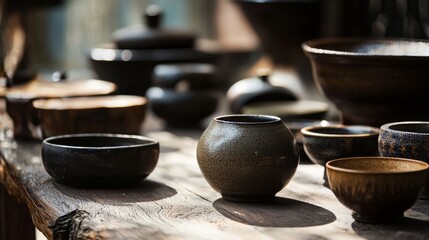Handcrafted ceramic bowls and vessels displayed on rustic wooden table in warm ambient studio setting