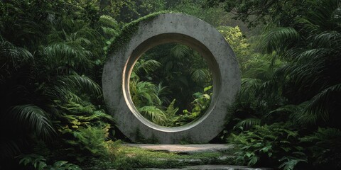 Ancient Circular Stone Portal Leading into a Vibrant Green Jungle