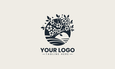 Elegant cherry blossom sakura tree in bloom represents hanami celebration in spring vector logo illustration