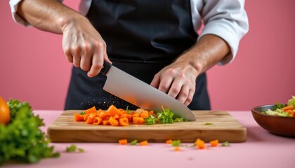 Close-Up of a Chef's Hands Slicing Fresh Carrots on a Wooden Cutting Board in a Pink Kitchen Setting