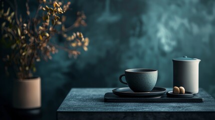 Fototapeta premium Ceramic teacup teapot and small bowl with treats arranged on textured table under moody lighting