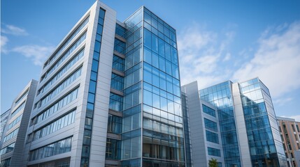 Modern glass office tower with clean lines in a business district, symbolizing professionalism and urban sophistication