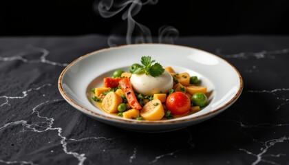 Artfully Plated Gourmet Salad Featuring Burrata and Fresh Vegetables on a Dark Marble Surface
