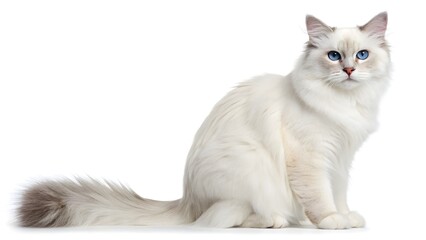 Obraz premium A white ragdoll cat with blue eyes sitting and looking forward on a white background in a studio shot