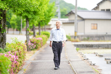 In rural Japan, a Japanese man in his late 70s walks along a farm road surrounded by wide rice fields. He wears a white shirt and hat, enjoying the fresh air and peaceful countryside atmosphere.