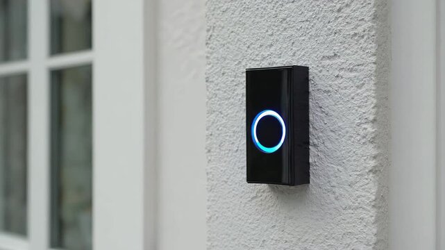 Hand pressing smart doorbell button activating blue led ring for modern home security.