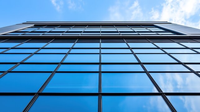 Modern glass office tower with clean lines in a business district, symbolizing professionalism and urban sophistication