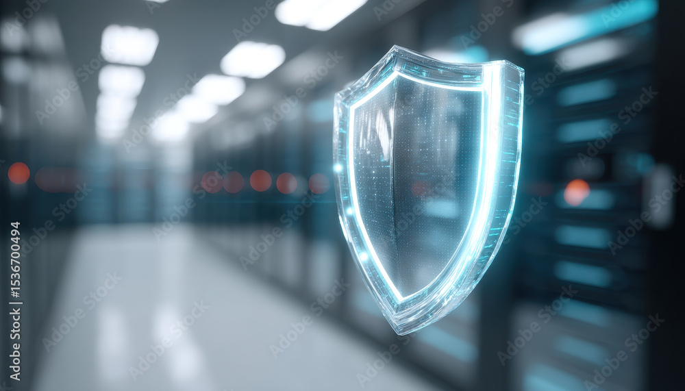 Aufkleber glowing cyber shield symbolizing online protection and insurance for businesses in futuristic data c