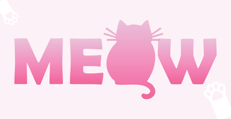 Playful Meow Typography with Cat Ears, Whiskers, Tail and Bold Pink Letters on Black Background. Cute Cartoon Animal Text Logo Design for Kids, Pets, T Shirts, Posters, Stickers, or Branding