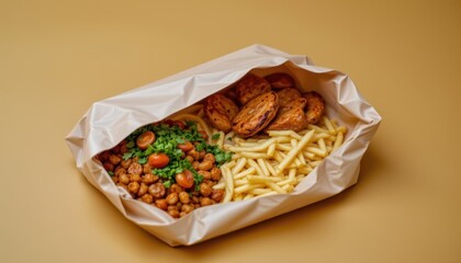 Delicious Takeout Meal Featuring Chickpeas, Fresh Tomatoes, and Crispy Fries in a Container
