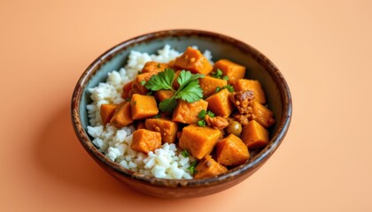 Colorful Bowl of Rice Topped with Diced Sweet Potatoes and Fresh Herbs on Orange Background