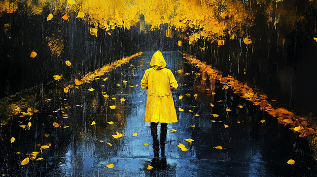 A person in a yellow raincoat stands on a wet street lined with trees and scattered yellow leaves, facing away. The scene is rain-soaked, with reflections on the pavement.