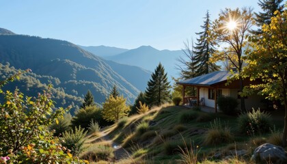 Charming Cabin Nested in Serene Mountain Landscape at Sunrise Surrounded by Autumn Foliage