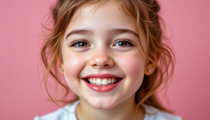 Portrait of a Happy Young Girl with Freckles Against a Pink Background Smiling Joyfully