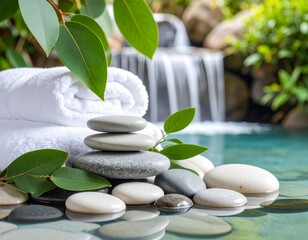 Tło spa, wellness z ręcznikami, kamieniami, wodą, liśćmi i wodospadem