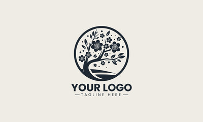 Cherry blossom trees in full bloom during hanami festival celebration in spring vector logo design