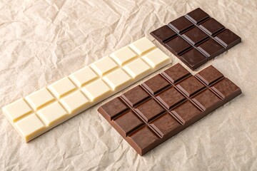 Chocolate bars gradient white milk dark aligned on textured paper