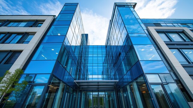 Modern glass office tower with clean lines in a business district, symbolizing professionalism and urban sophistication