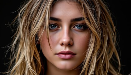 Close-Up Portrait of a Young Woman with Freckles and Blonde Hair on a Dark Background