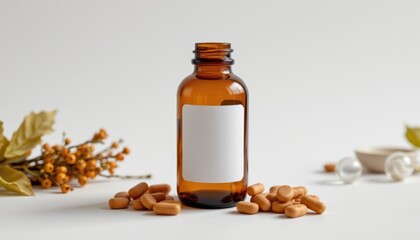 Amber Glass Bottle Filled with Herbal Supplements and Pills on a Clean White Background