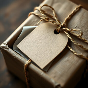 Macro shot of brown package with tied string and blank kraft tag label with warm wood grain texture