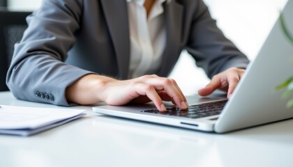 Cropped Closeup of Hands Typing on Laptop in Professional Office Environment