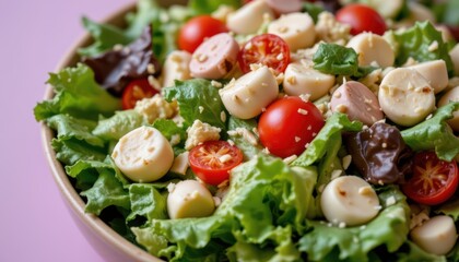 Vibrant Salad with Fresh Vegetables and Cheese in a Bowl on a Pink Background