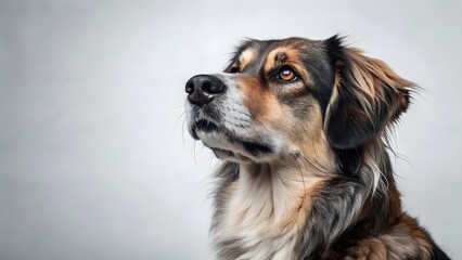 Fototapeta premium Close up portrait of a brown and black dog looking upwards against a plain white background in studio