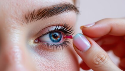 Close-Up of a Young Woman Applying Makeup with Colorful Eyeliner and Enhanced Lashes