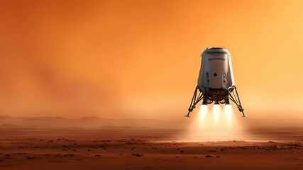 Robotic lander descending through dusty atmosphere above rocky terrain. Propulsion engines active, generating bright exhaust against orange-red planetary landscape. Precise vertical landing sequence. - Powered by Adobe