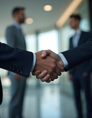 Close-up of a business handshake in a modern office setting with professionals in the background – symbolizing partnership, trust, and corporate success.
