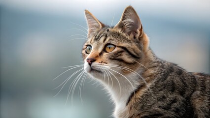 Fototapeta premium Close up of a tabby cat looking up with a blurred blue background in a horizontal composition
