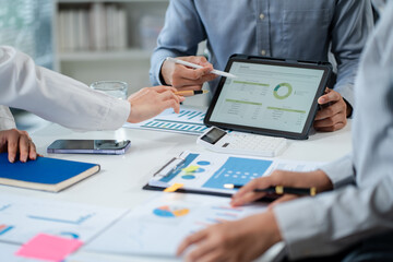 Business team present. professional investor working new start up project. Finance managers meeting.using smart phone and laptop and digital tablet computer in modern office.