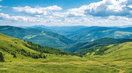 Lush green mountain landscape under a partly cloudy sky.