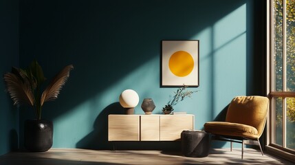 Modern living room with teal accent wall mid-century furniture and lush potted plants under sunlight rays
