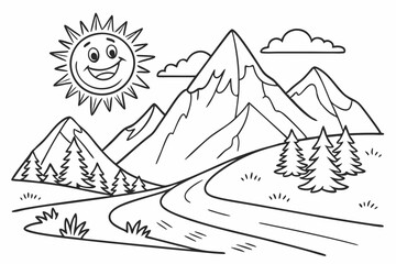 Obraz premium kids coloring page of a mountain range with a big smiling sun rising between the peaks, a simple river below and a few pine trees, bold simple outlines, no complex details