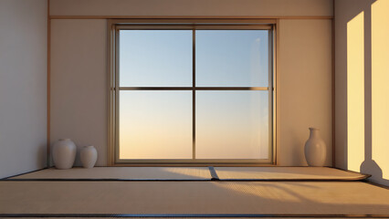 A serene Japanese room with tatami mats, vases, and a window showing a calming sky.
