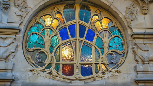 Art Nouveau Stained Glass Window: A Symphony of Colors and Light in Architectural Detail