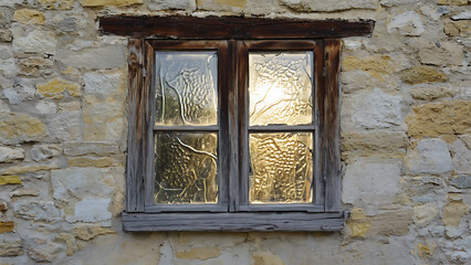 Old window with textured glass set in a stone wall, reflecting light and history.