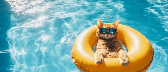 A tabby cat wearing sunglasses lounges on a yellow inflatable ring in a swimming pool under sunny skies