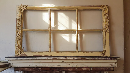 Vintage window frame with floral details, aged and weathered, resting on a distressed mantelpiece, bathed in soft, natural light.