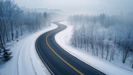 Fototapeta premium A winding road through a snowy winter forest on a misty day.