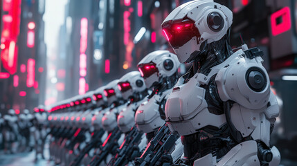 Fototapeta premium Robotic Police Officers in the City. A line of futuristic humanoid robotic police officers stand ready in a neon-lit cityscape. The robots are designed to protect and serve.