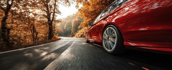 The red car navigating a winding road through vibrant autumn foliage.