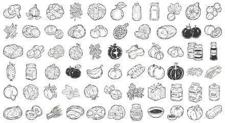 Collection of hand-drawn food illustrations including vegetables, fruits, and preserved items like pickles and jams.